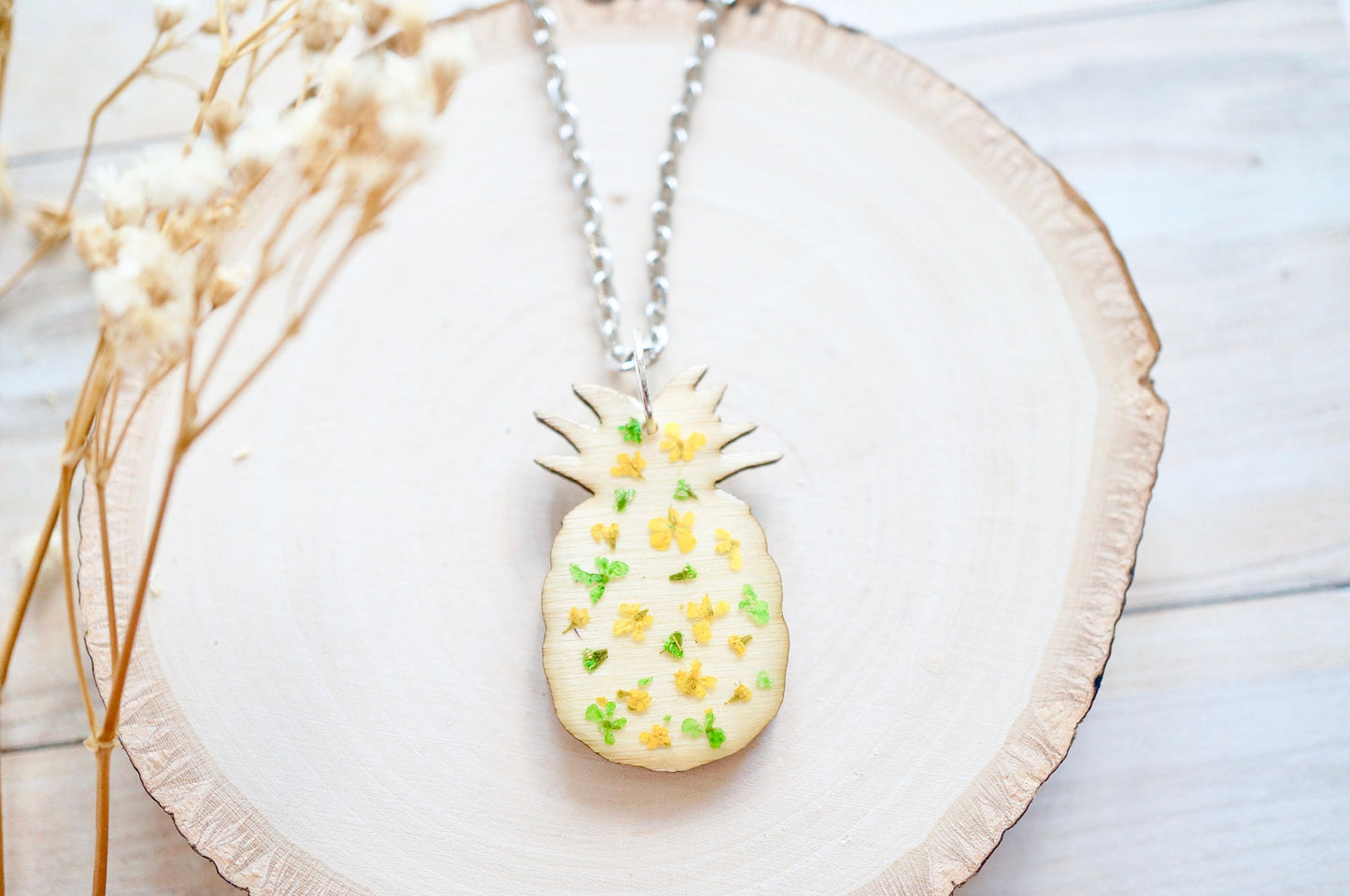 Real Pressed Flowers in Resin, Wood Pineapple Necklace in Yellow Green