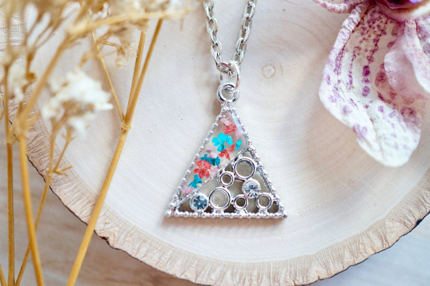 Real Pressed Flowers in Resin, Silver Triangle Necklace in Red Teal Light Pink