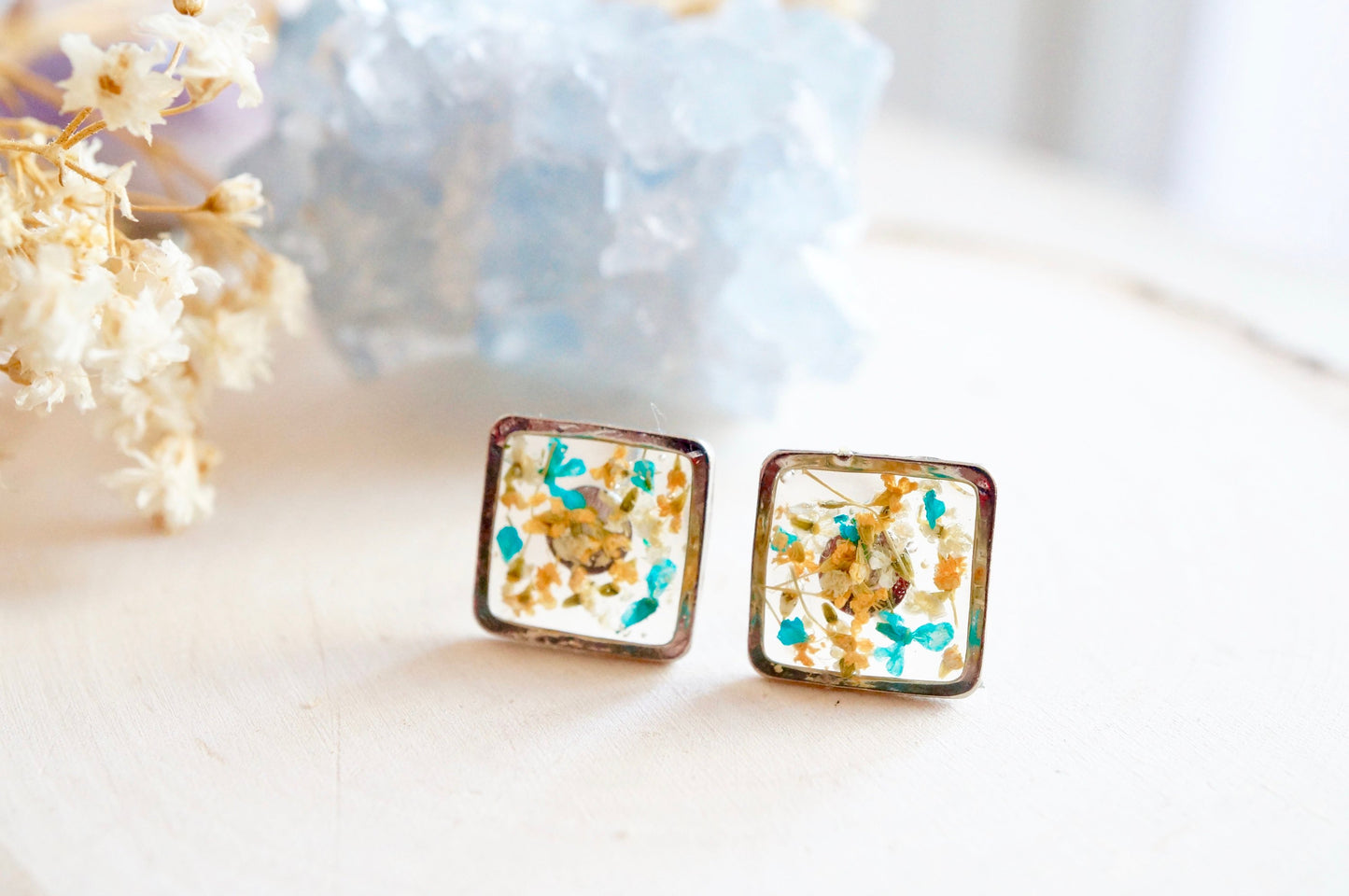 Real Pressed Flowers and Resin, Silver Square Stud Earrings in Orange White Teal