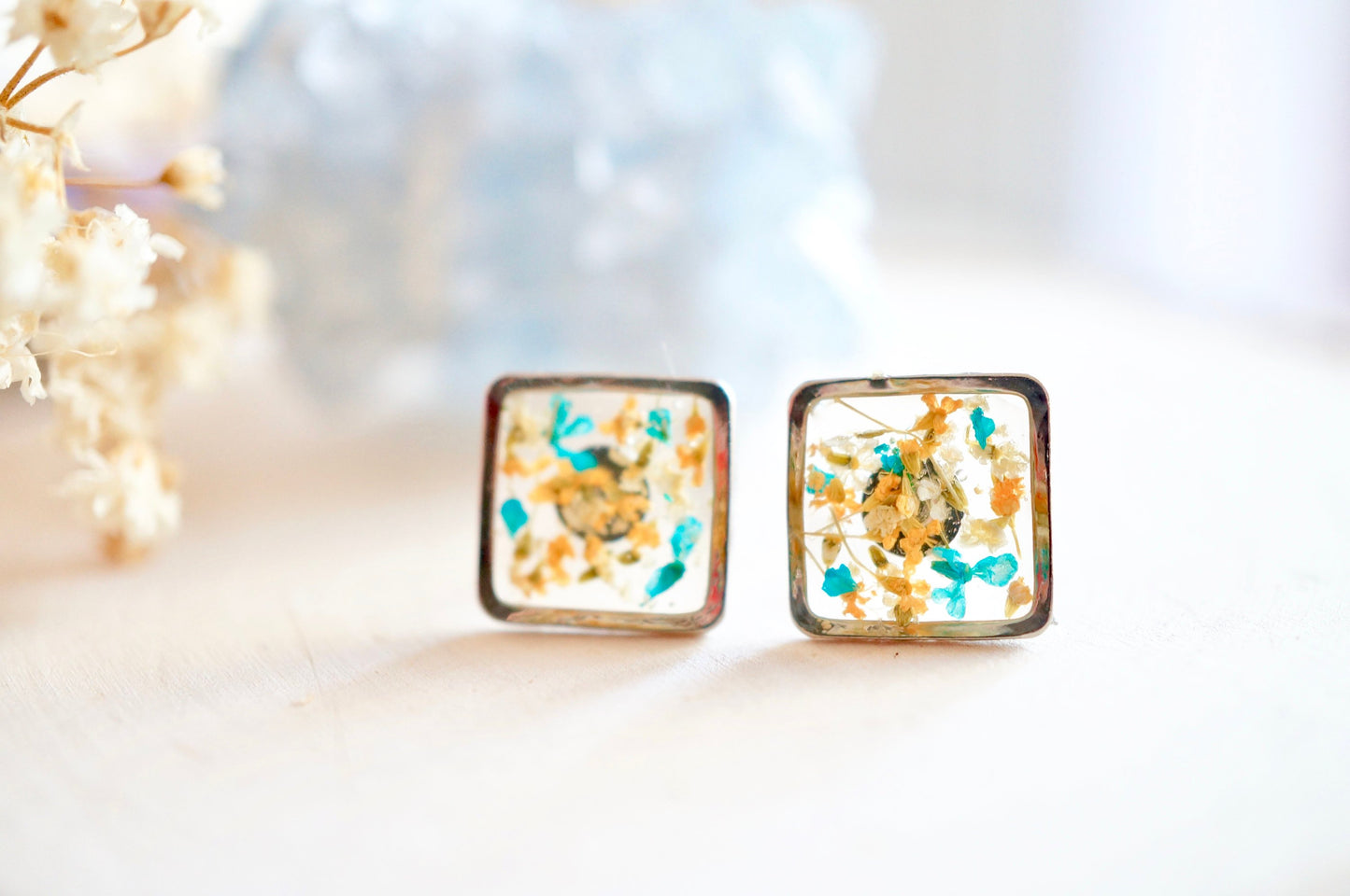 Real Pressed Flowers and Resin, Silver Square Stud Earrings in Orange White Teal