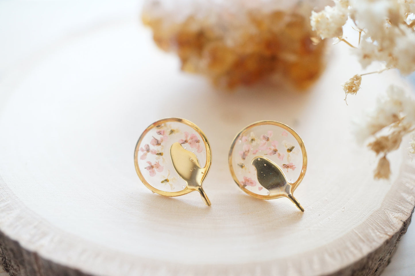 Real Pressed Flowers and Resin, Gold Bird Stud Earrings in White and Light Pink