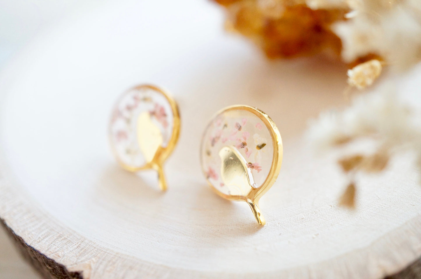 Real Pressed Flowers and Resin, Gold Bird Stud Earrings in White and Light Pink