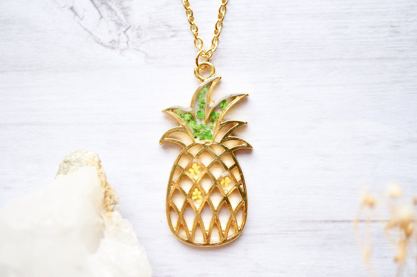 Real Pressed Flowers in Resin, Gold Pineapple Necklace in Yellow and Green