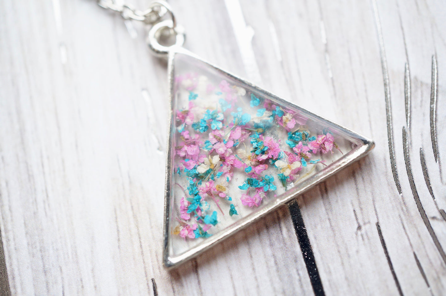 Real Pressed Flowers in Resin, SilverTriangle Necklace in Pink Teal White, Dried Flowers