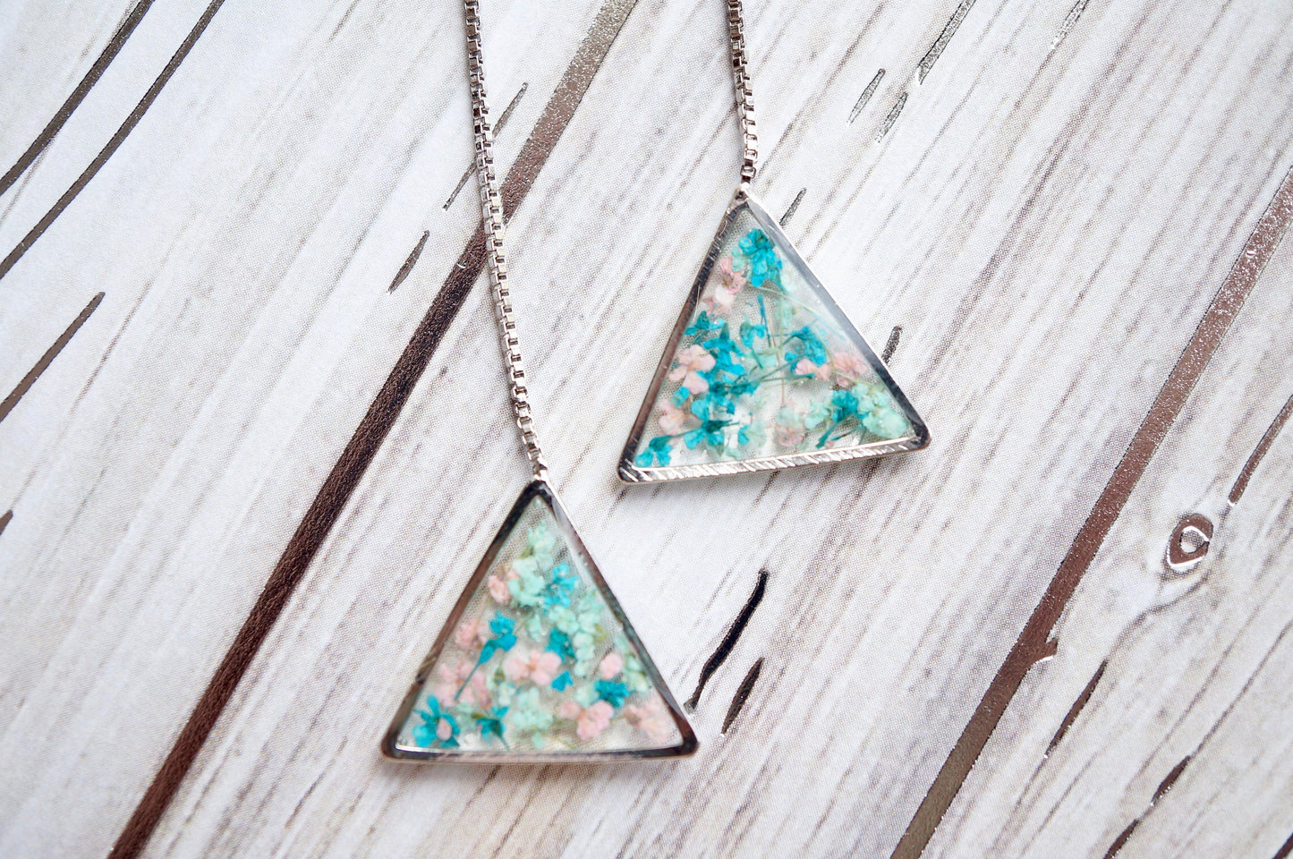 Real Pressed Flowers and Resin Threader Earrings, Silver Triangles in Mint Teal Light Pink