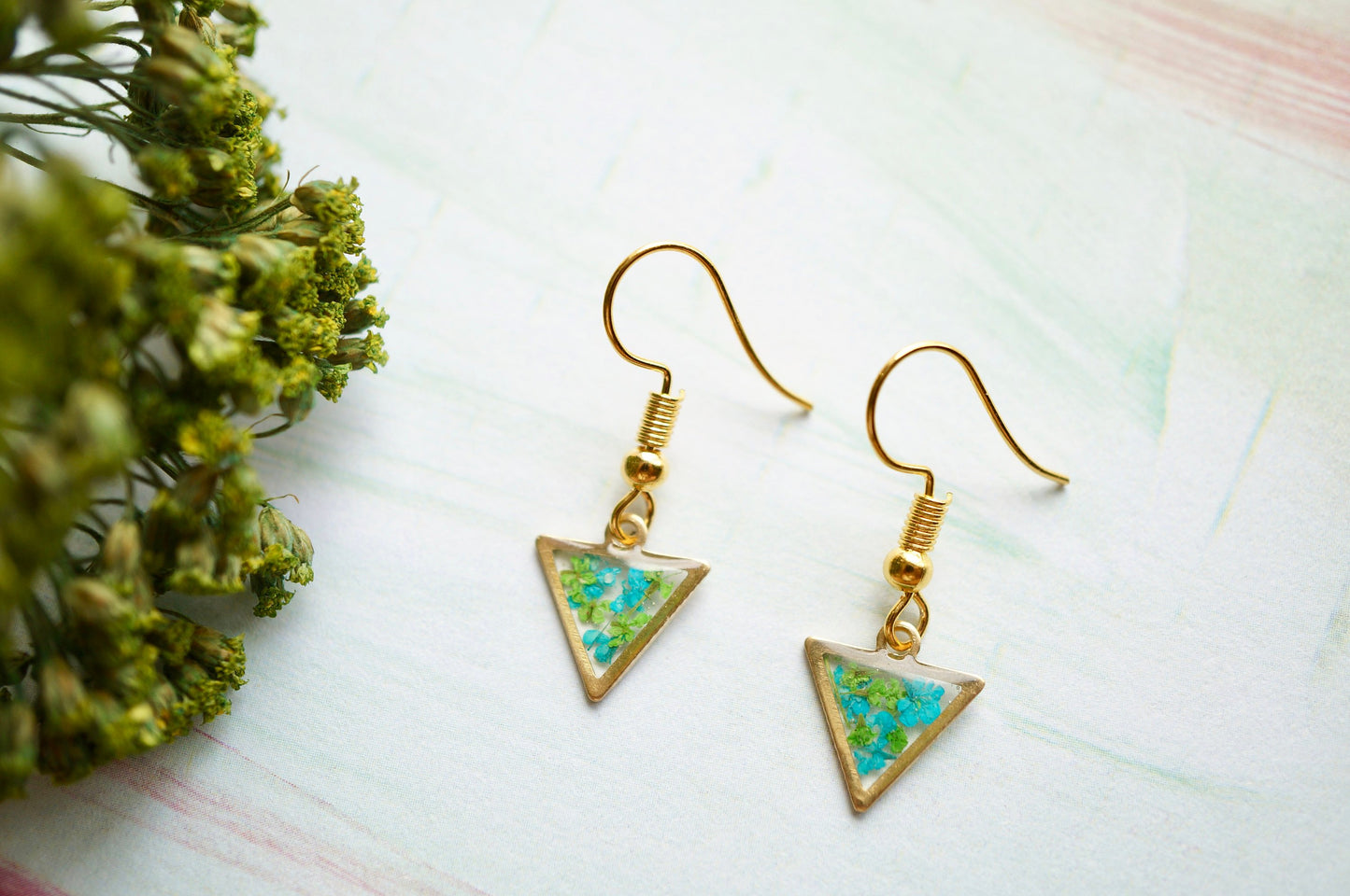 Real Pressed Flowers and Resin Drop Earrings, Gold Triangles in Teal Green