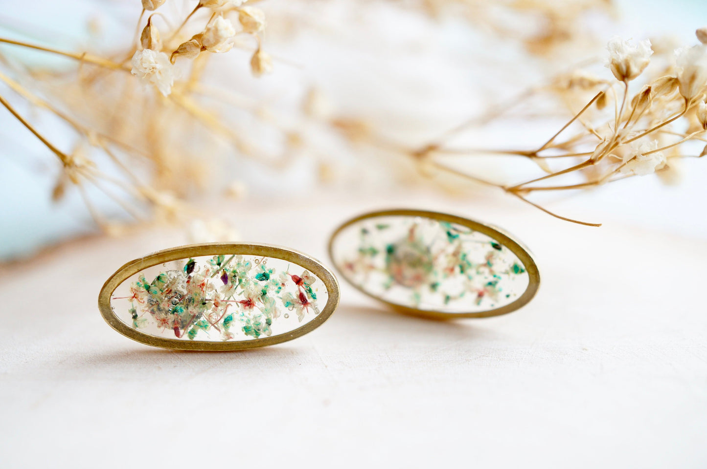 Real Pressed Flowers and Resin Stud Earrings, Gold Ovals in Teal Rose White