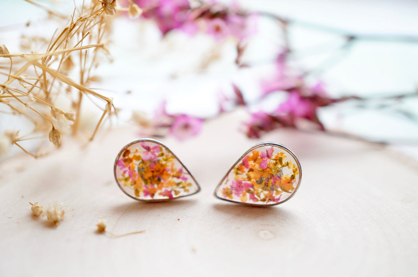 Real Pressed Flowers and Resin Stud Earrings, Silver Teardrops in Pink Orange Yellow