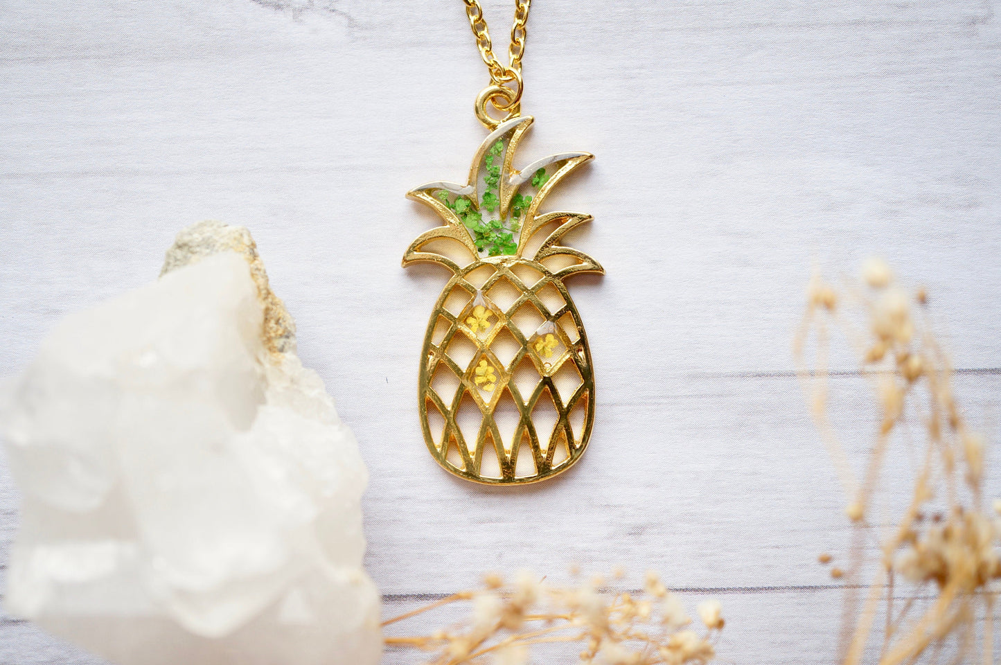 Real Pressed Flowers in Resin, Gold Pineapple Necklace in Yellow and Green