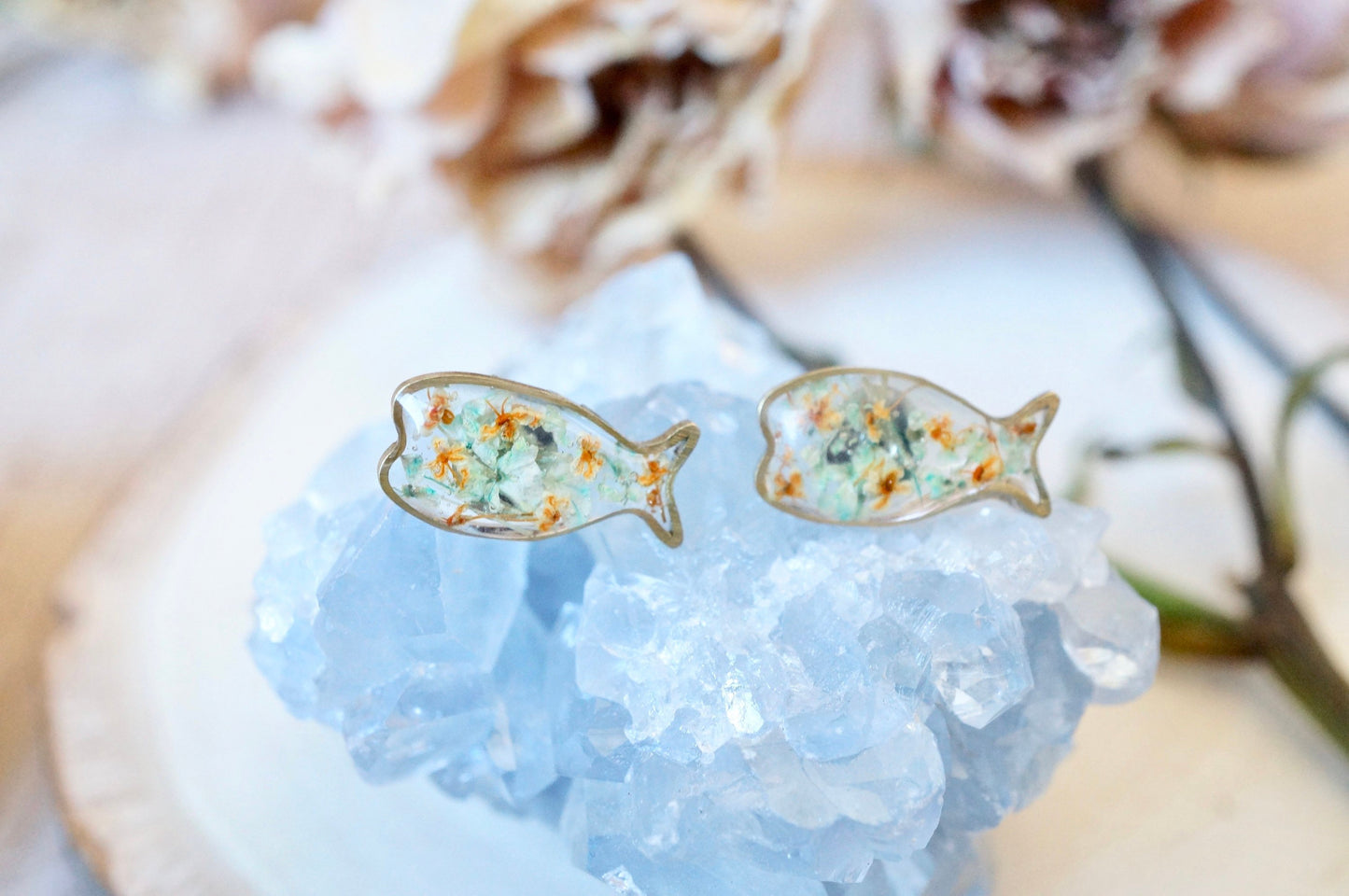 Real Pressed Flowers and Resin, Fish Stud Earrings in Yellow and White