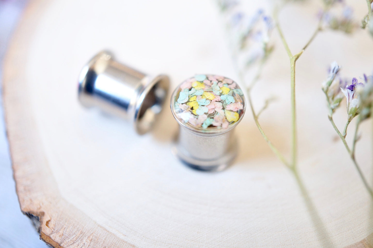 Real Pressed Flowers and Resin, Ear Gauge in Silver, Size 0 Stainless Steel