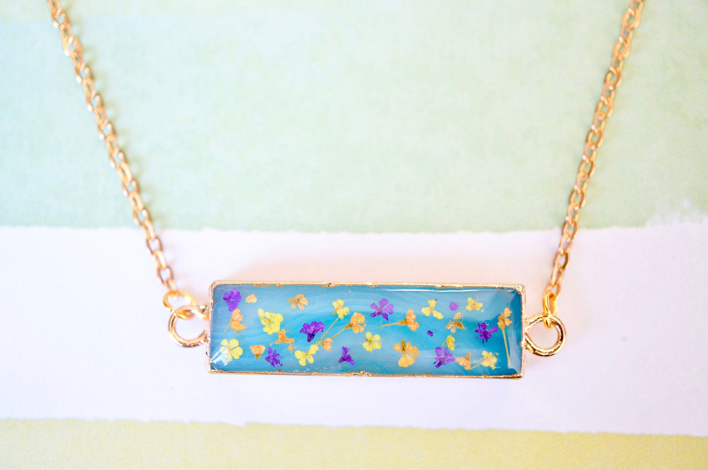 Real Dried Flowers and Resin Necklace, Blue Bar Gold Agate Geode in Purple Orange Yellow