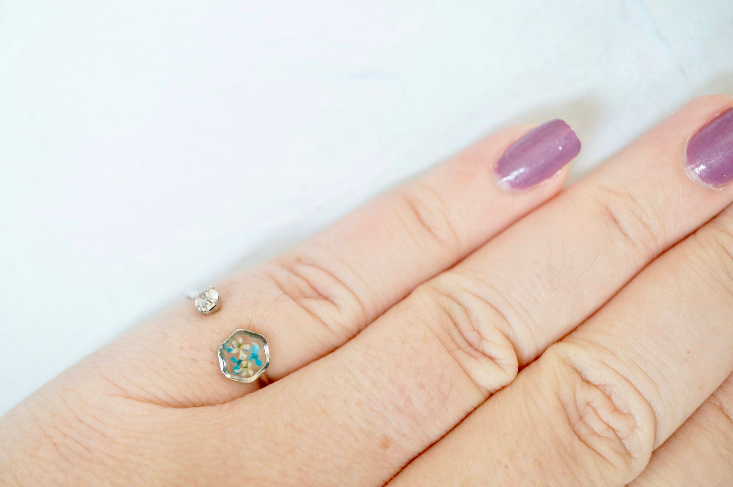 Real Pressed Flower and Resin Ring, Silver Hexagon in Teal and White