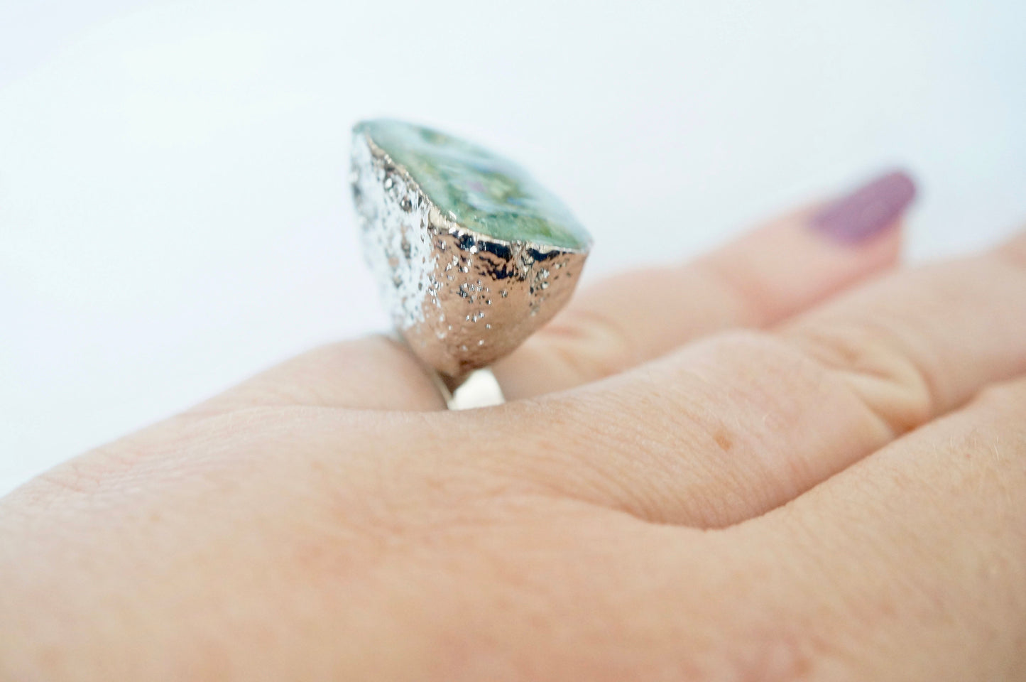 Real Pressed Flower and Resin Ring, Geode Druzy Silver Ring in Mint Purple Blue