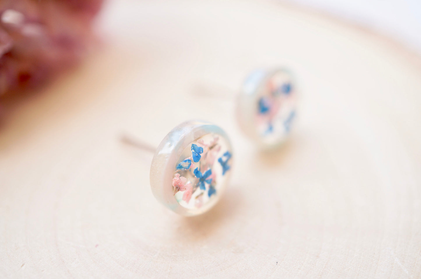 Real Pressed Flowers and Resin, Circle Stud Earrings in Blue and Light Pink