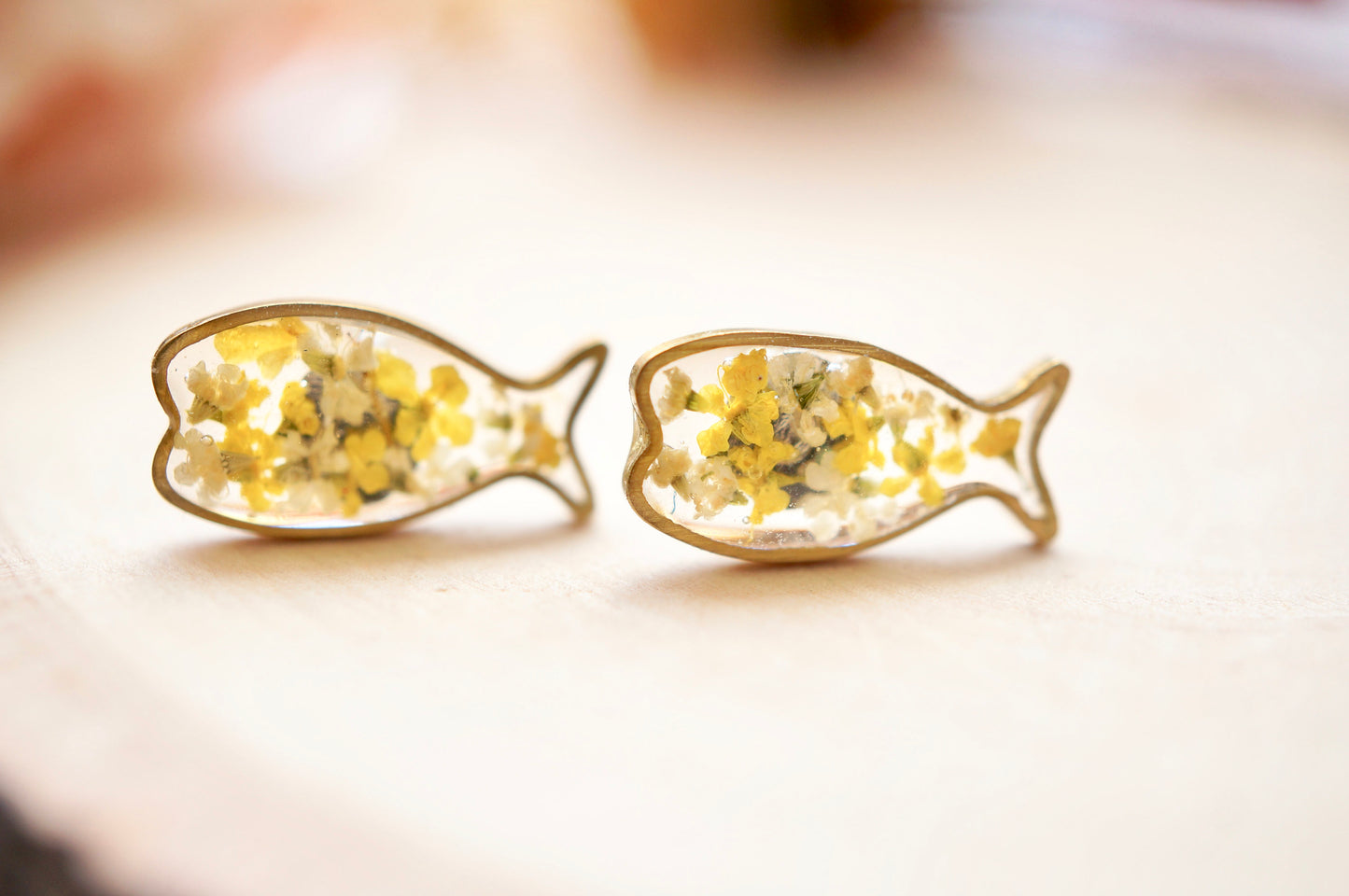 Real Pressed Flowers and Resin, Fish Stud Earrings in Yellow and White