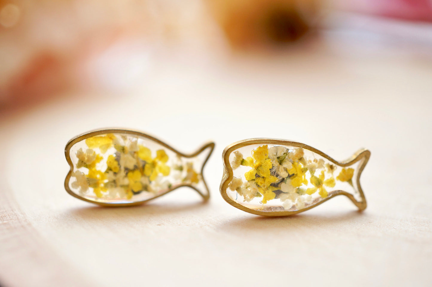 Real Pressed Flowers and Resin, Fish Stud Earrings in Yellow and White