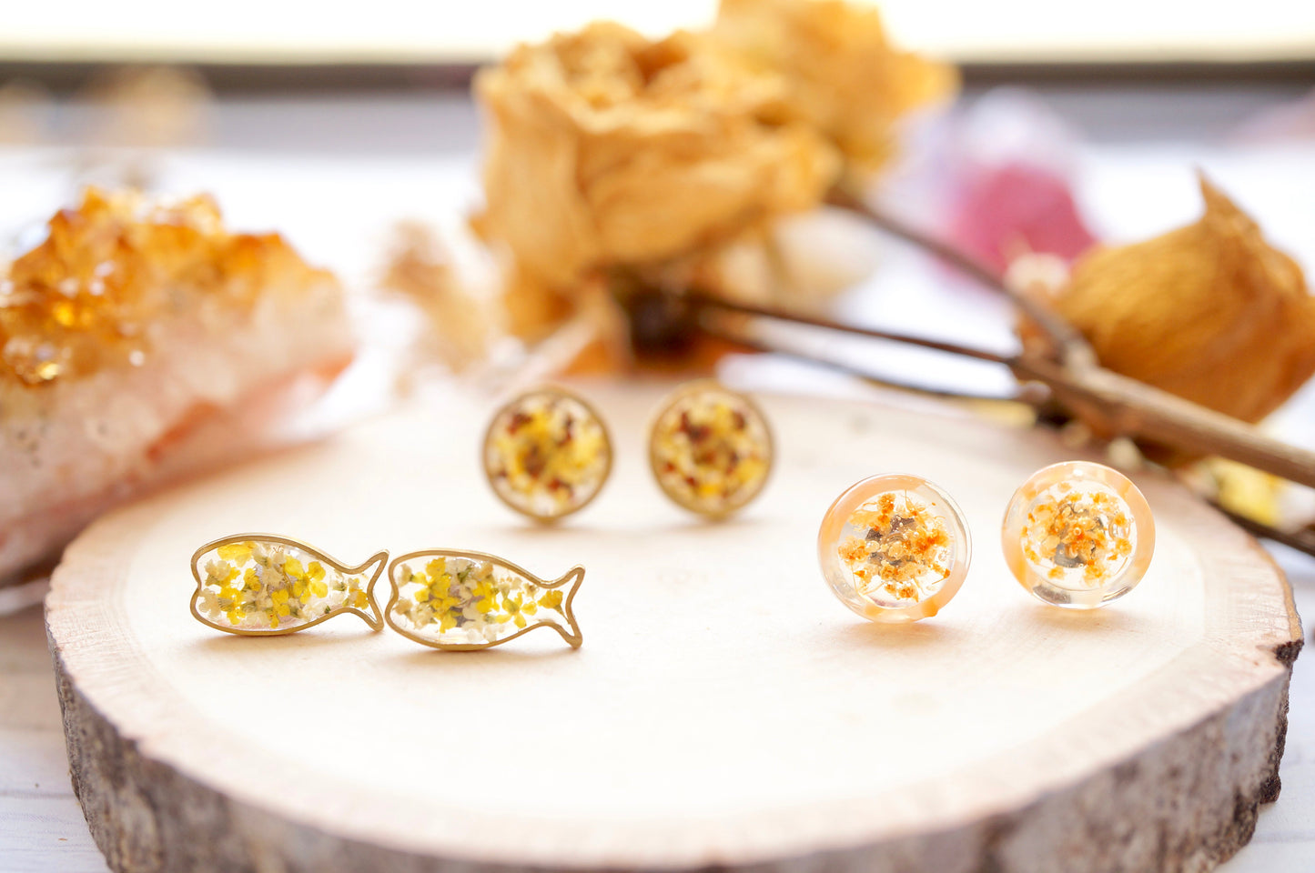 Real Pressed Flowers and Resin, Fish Stud Earrings in Yellow and White