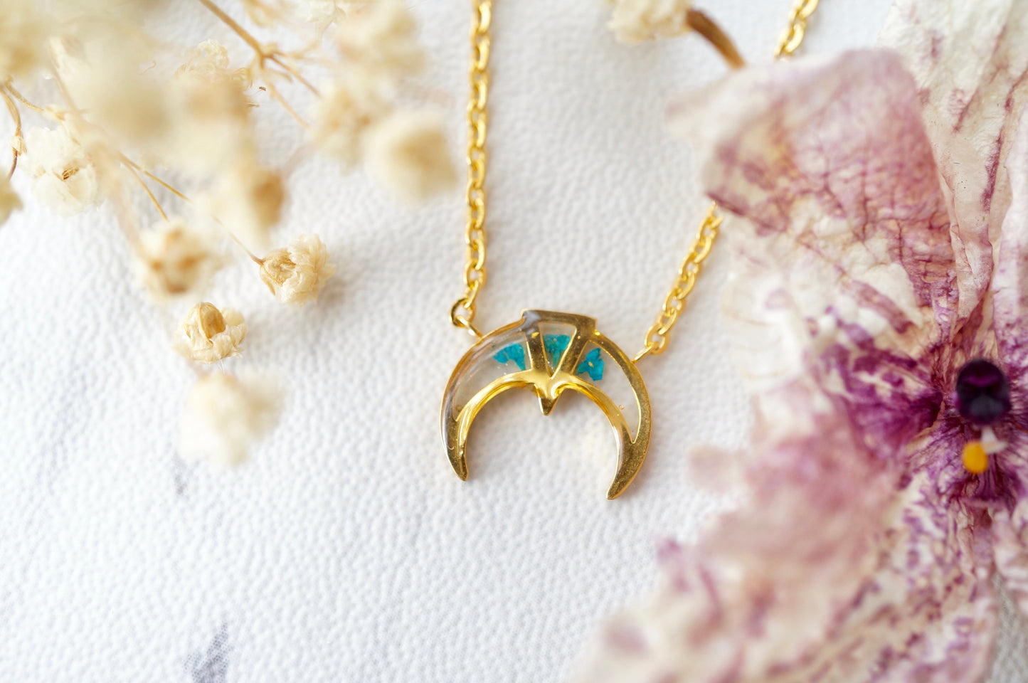 Real Pressed Flowers in Resin, Gold Tribal Necklace in Teal