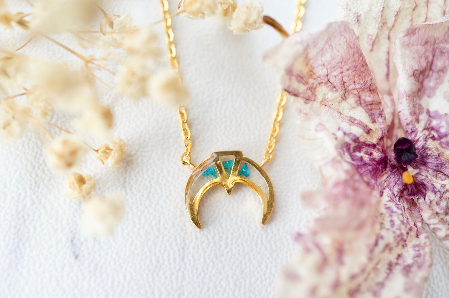 Real Pressed Flowers in Resin, Gold Tribal Necklace in Teal