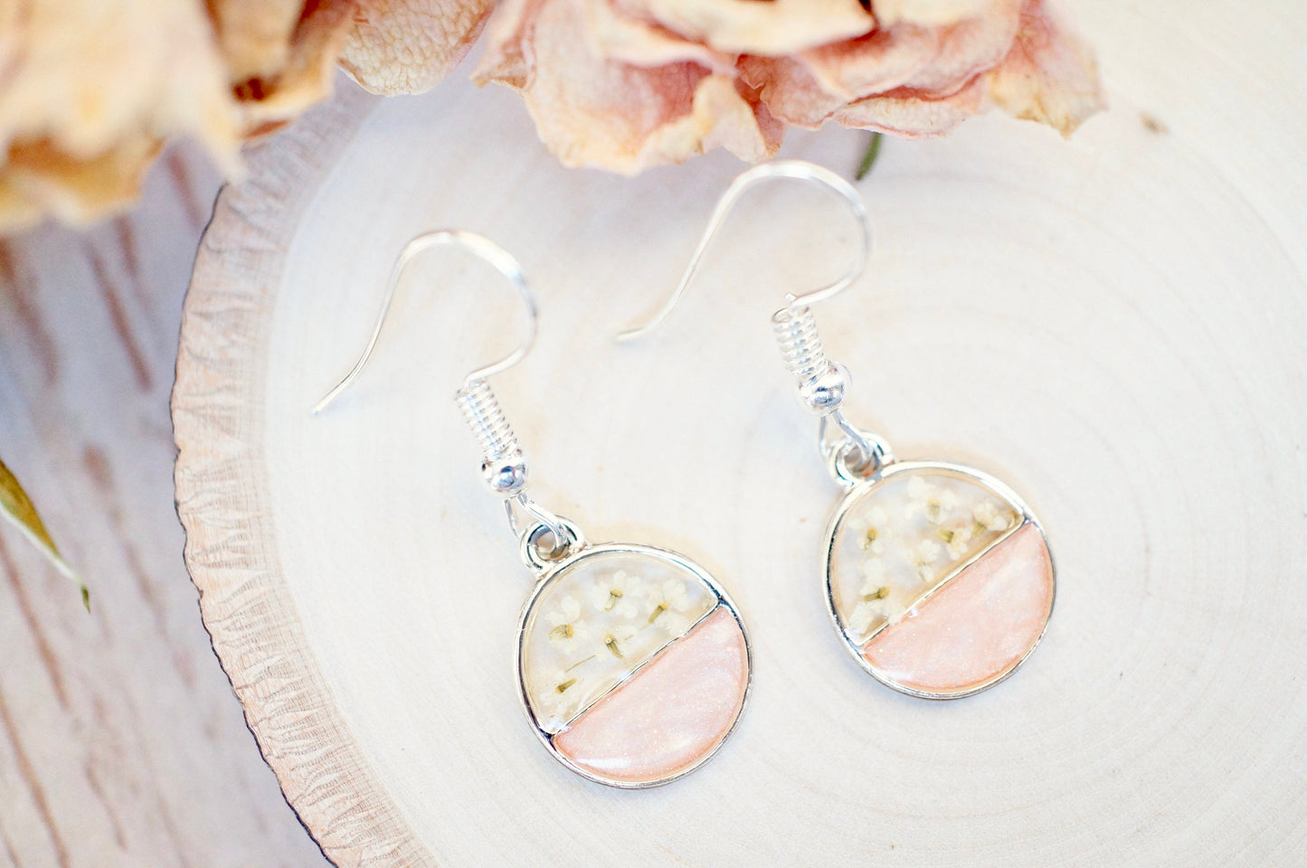 Real Dried Flowers and Resin Earrings, Circle Drops