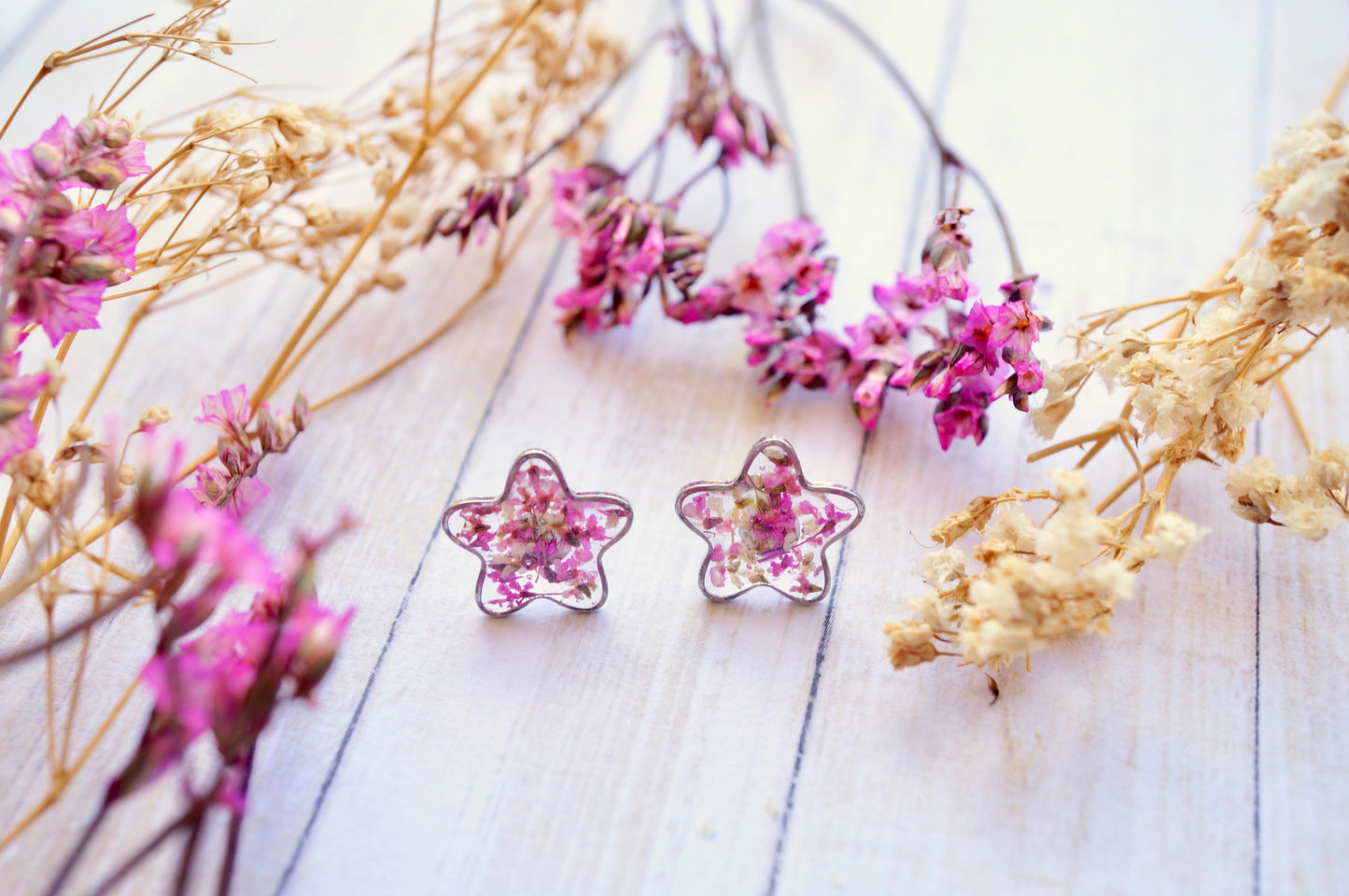 Real Pressed Flowers and Resin Stud Earrings, Silver Flowers in Pink White