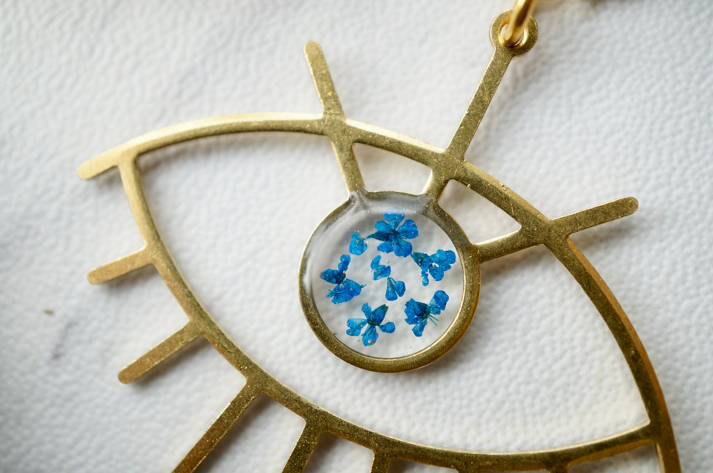 Real Pressed Flowers in Resin, Gold Necklace, Brass Eye in Blue