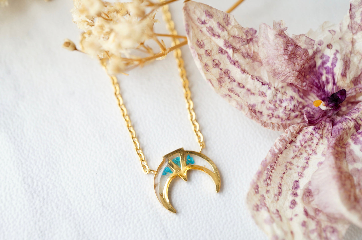 Real Pressed Flowers in Resin, Gold Tribal Necklace in Teal