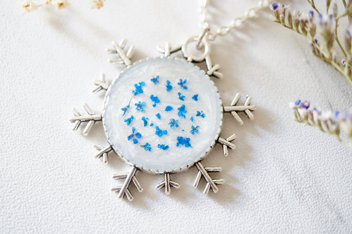 Real Pressed Flowers in Resin, Silver Snowflake Necklace