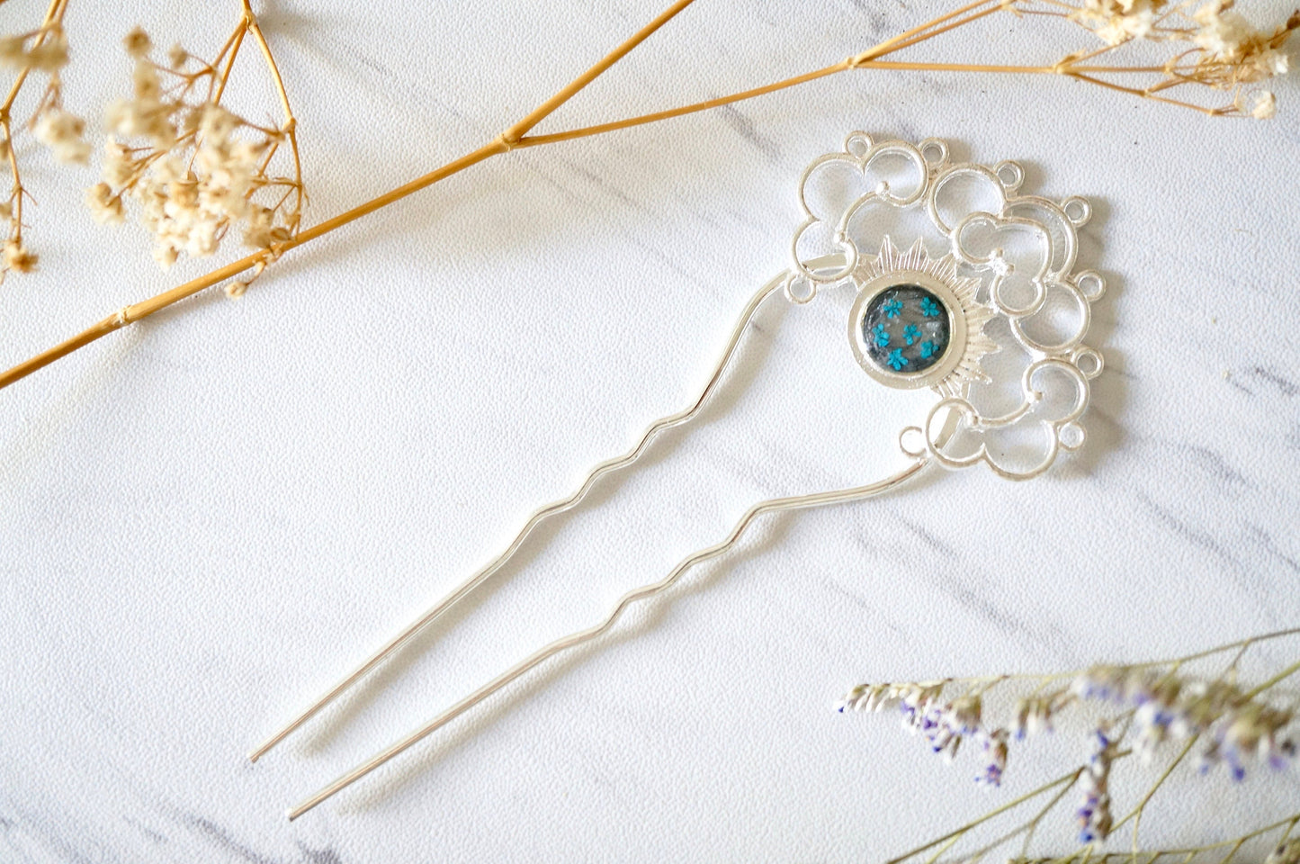 Real Pressed Flowers in Resin, Silver Hair Pin