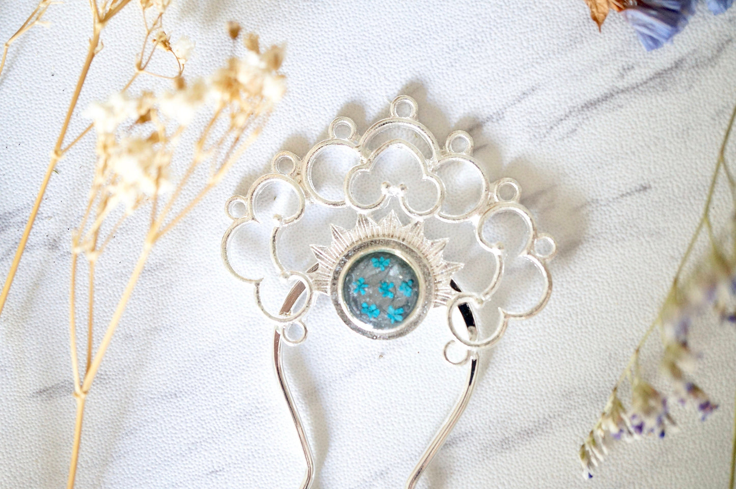 Real Pressed Flowers in Resin, Silver Hair Pin
