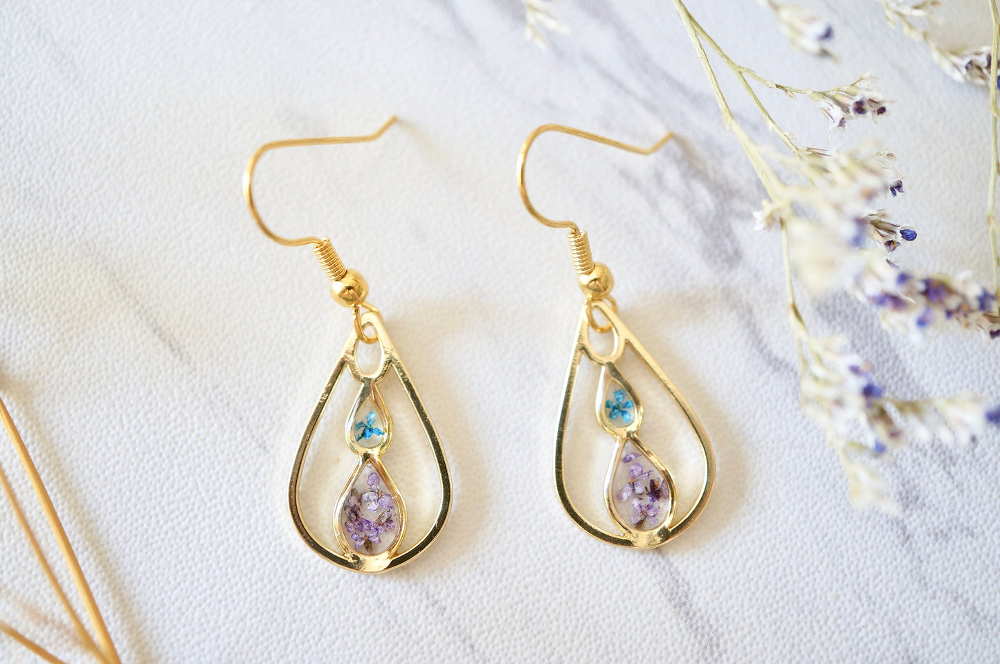 Real Pressed Flowers and Resin, Gold Teardrop Earrings