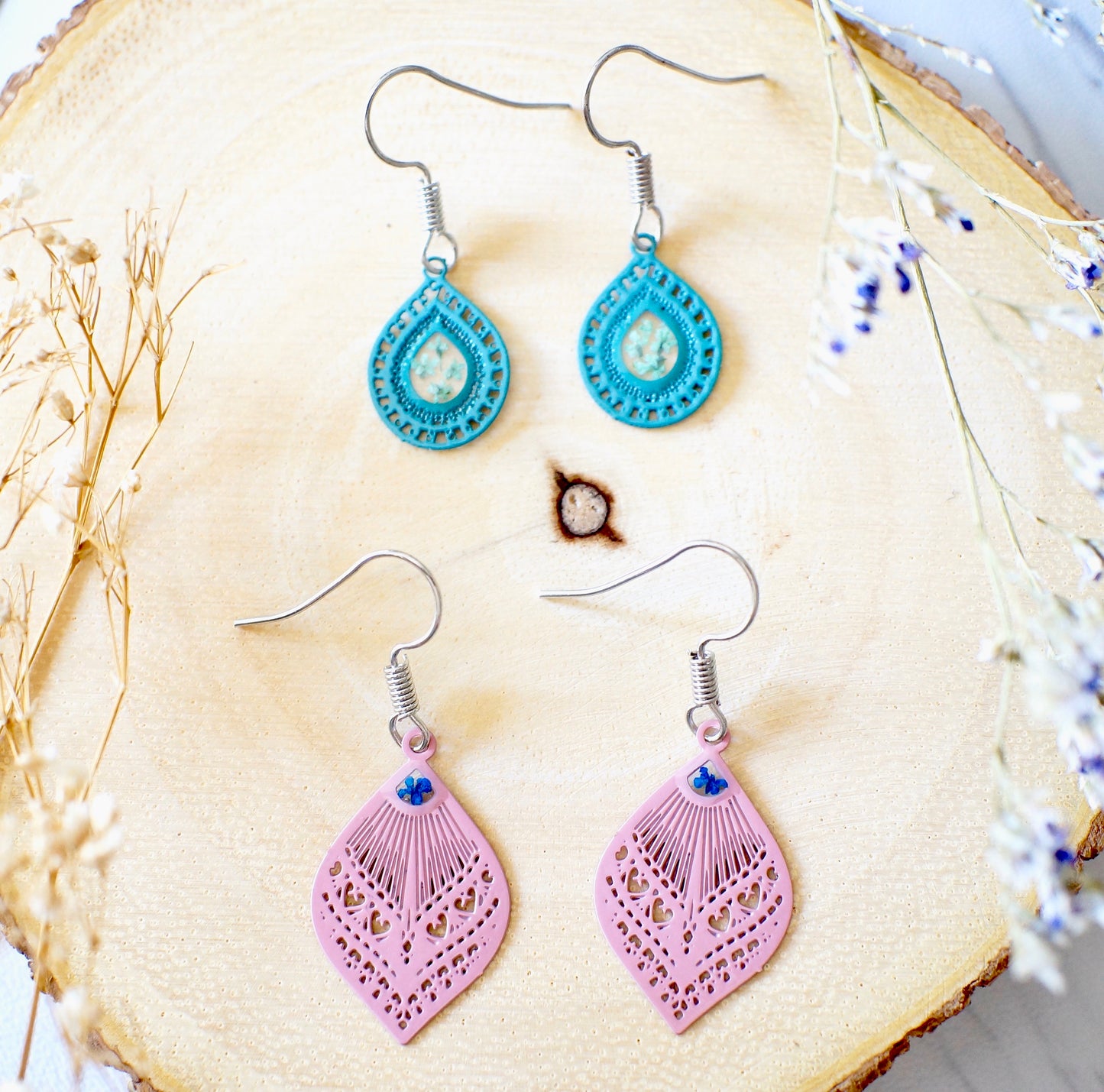 Real Pressed Flowers and Resin, Teal Metal Drop Earrings