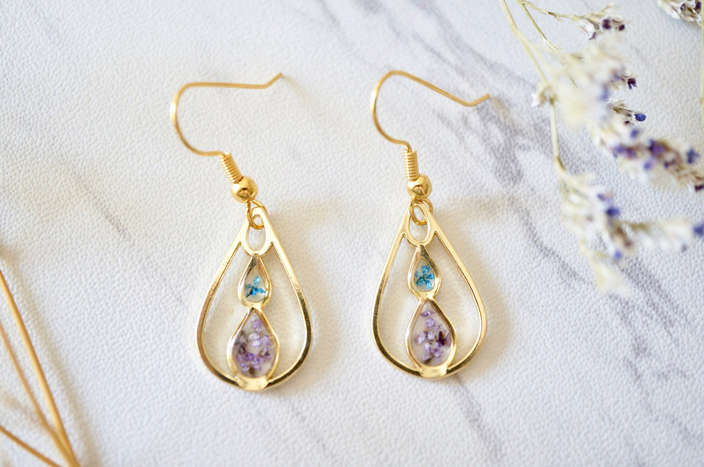 Real Pressed Flowers and Resin, Gold Teardrop Earrings