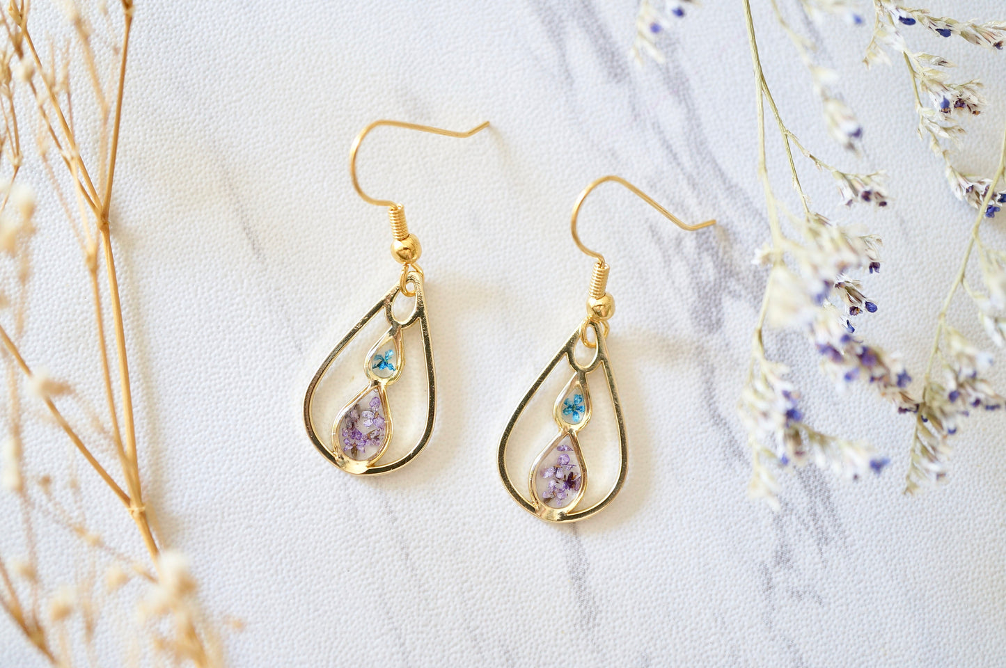 Real Pressed Flowers and Resin, Gold Teardrop Earrings