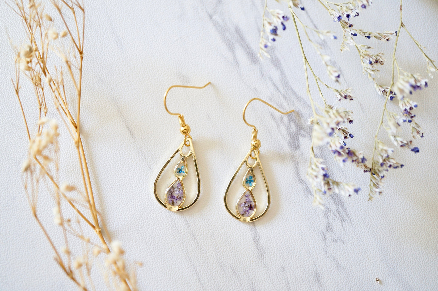 Real Pressed Flowers and Resin, Gold Teardrop Earrings