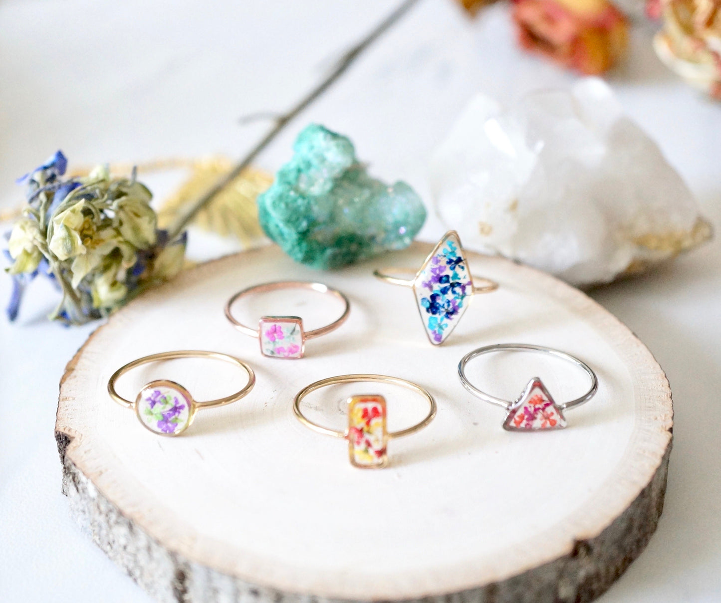 Real Pressed Flower and Resin Ring, White and Mint Heart Ring