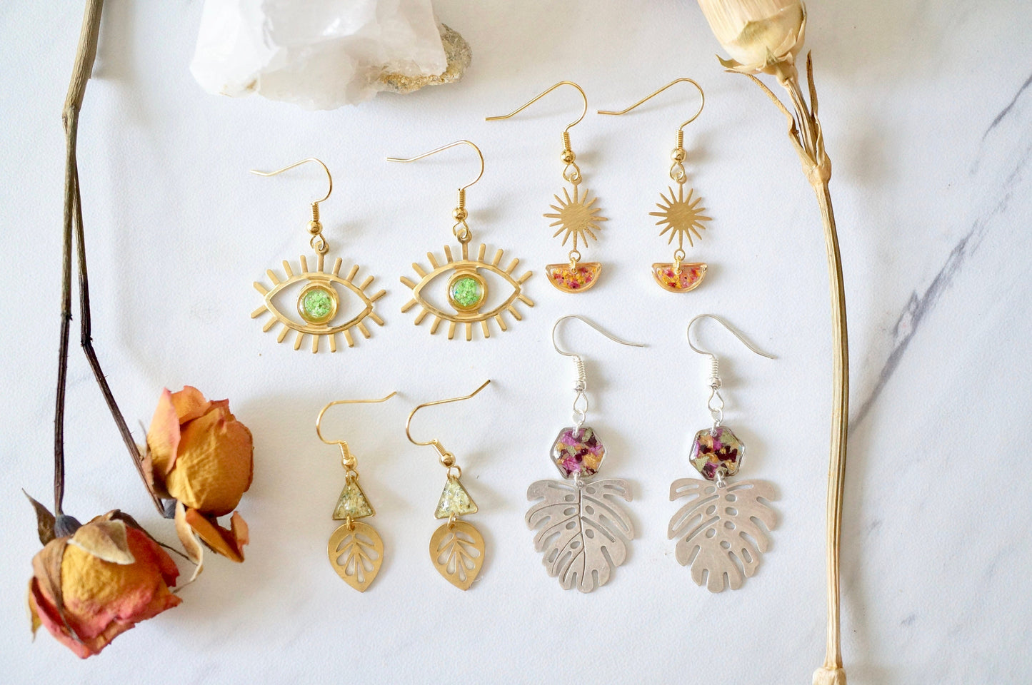 Real Pressed Flowers Earrings, Gold Sun Beam Drops with Forget Me Nots