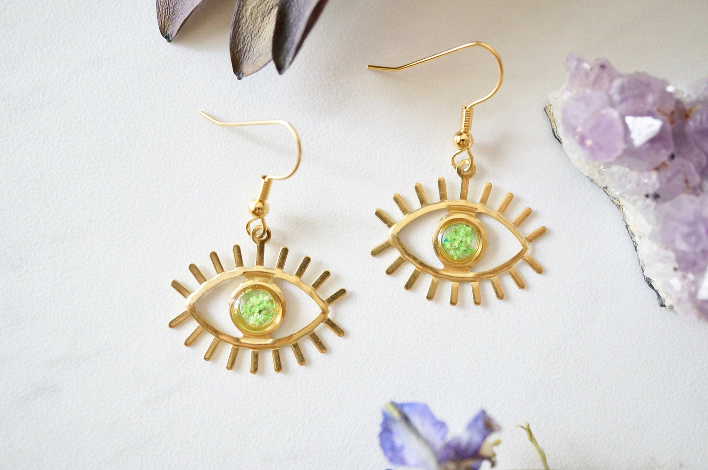 Real Pressed Flowers and Resin Drop Earrings, Gold Eyes in Green
