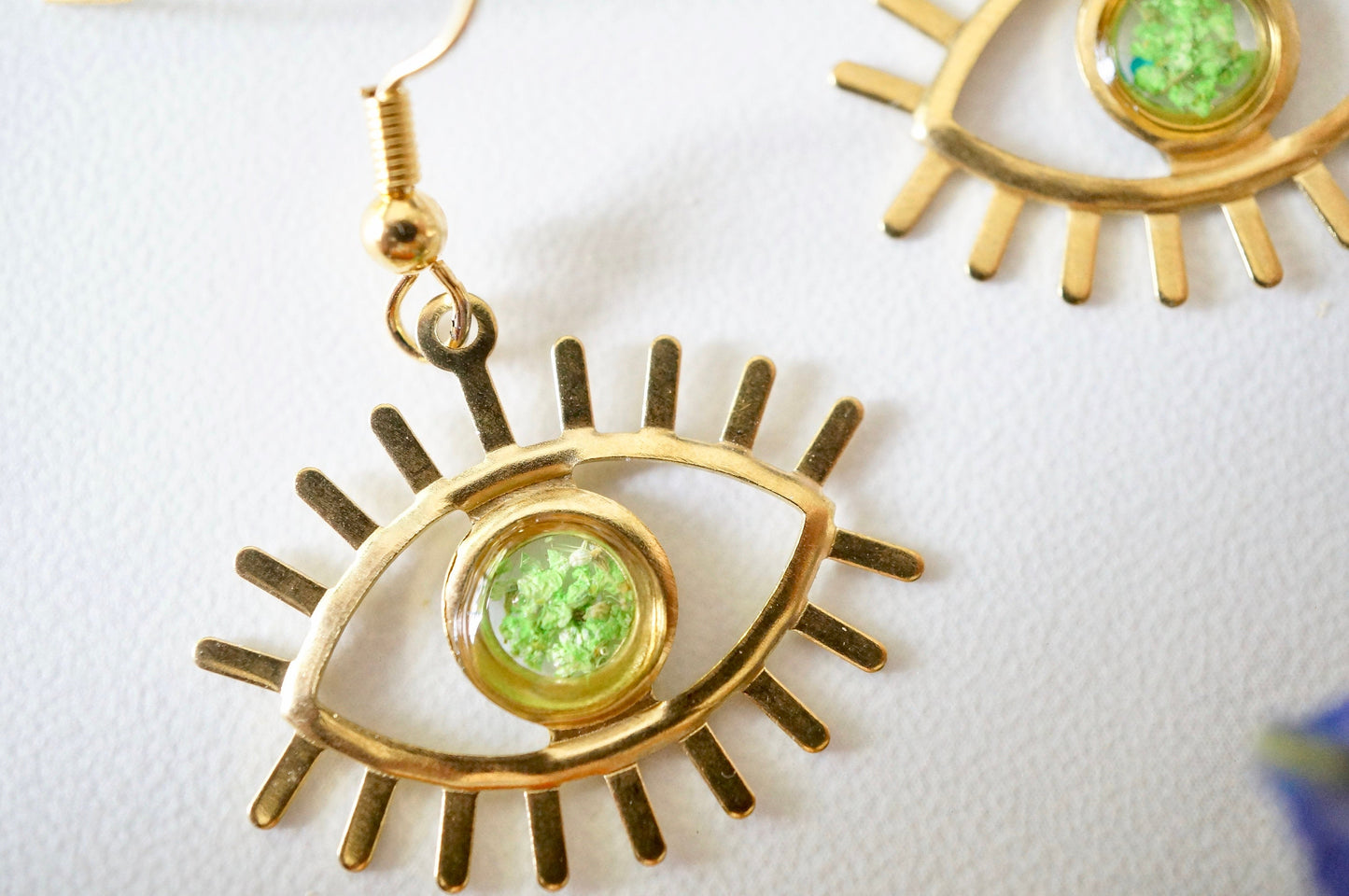 Real Pressed Flowers and Resin Drop Earrings, Gold Eyes in Green