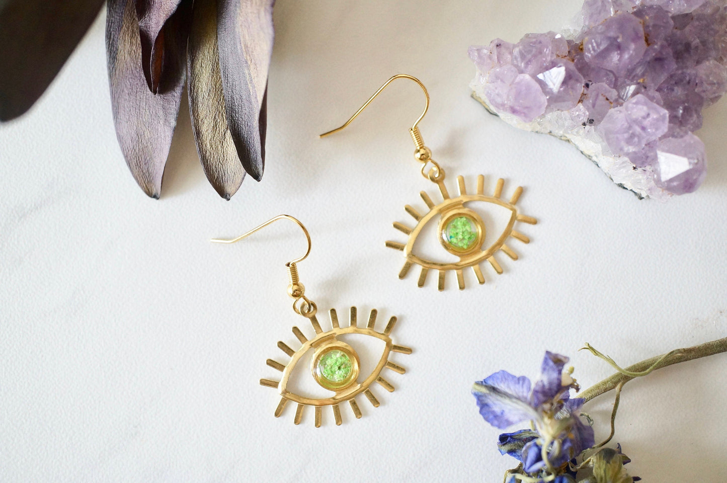 Real Pressed Flowers and Resin Drop Earrings, Gold Eyes in Green