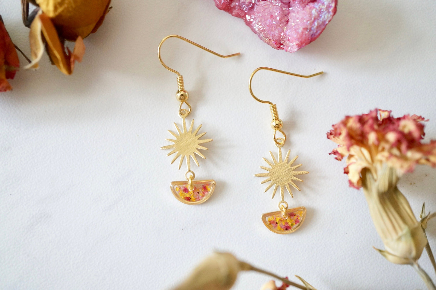 Real Pressed Flowers and Resin Drop Earrings, Gold Sun and Half Moon in Orange and Red