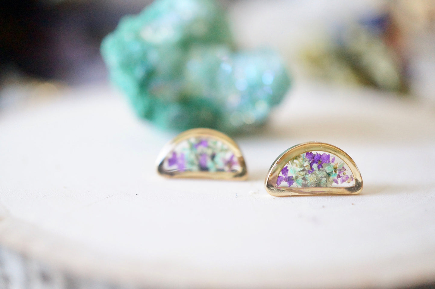 Real Pressed Flowers and Resin, Gold Half Moon Stud Earrings in Mint and Purple