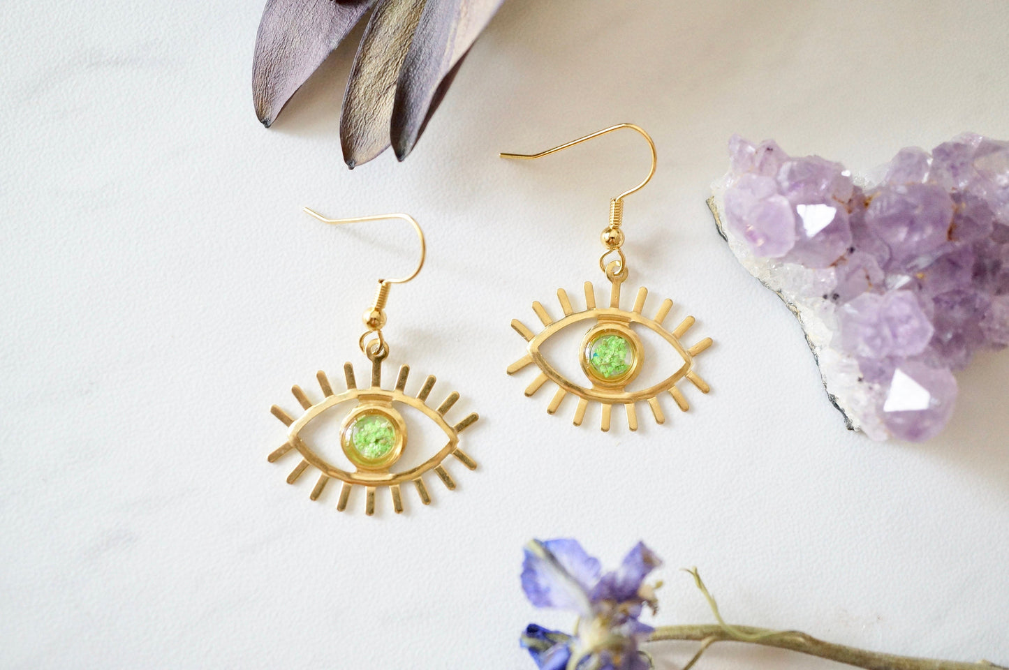 Real Pressed Flowers and Resin Drop Earrings, Gold Eyes in Green