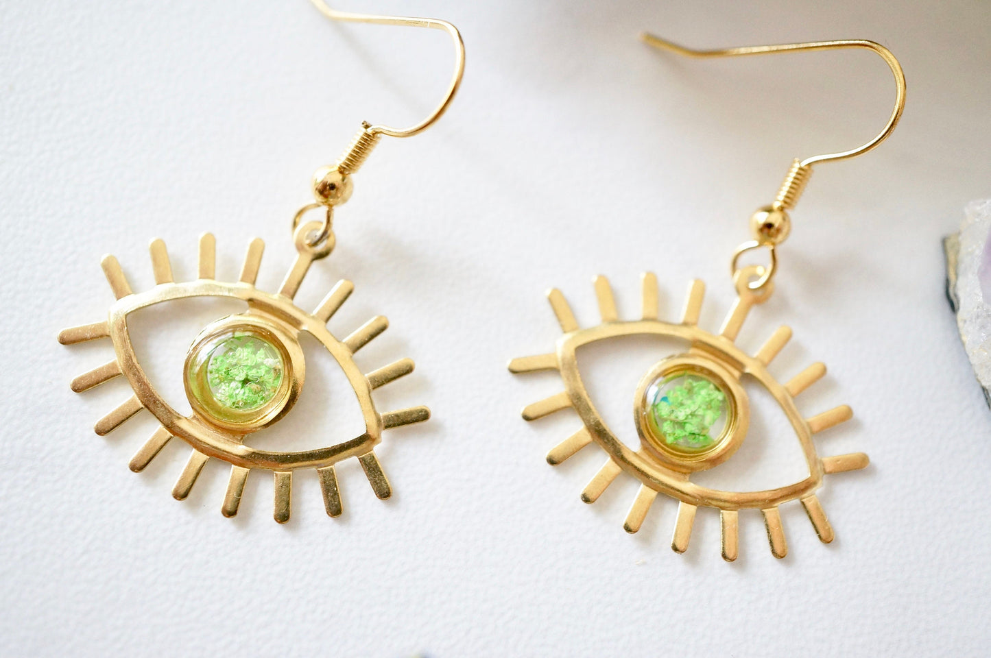 Real Pressed Flowers and Resin Drop Earrings, Gold Eyes in Green