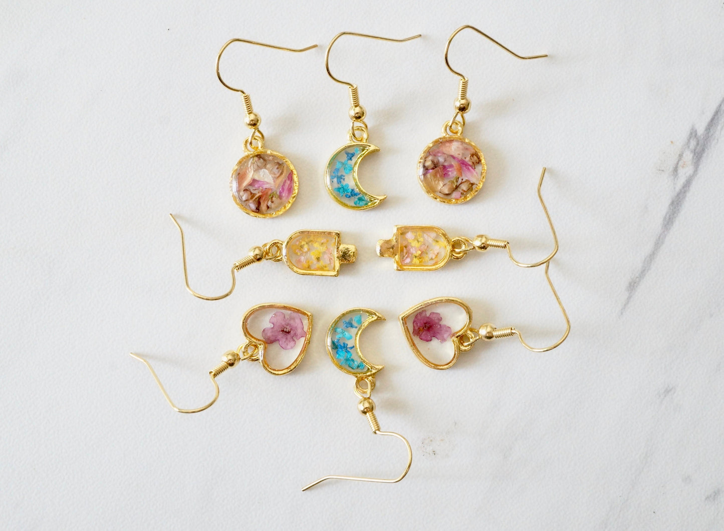 Real Pressed Flowers Earrings, Gold Drops in Purples