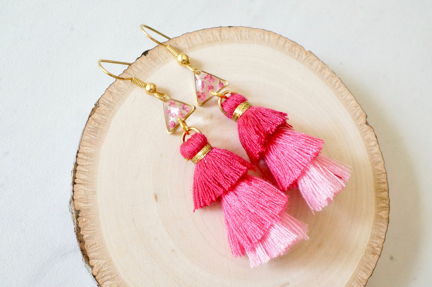 Real Pressed Flowers and Resin Dangle Earrings, Gold and Pink Tassels with Pink Flowers