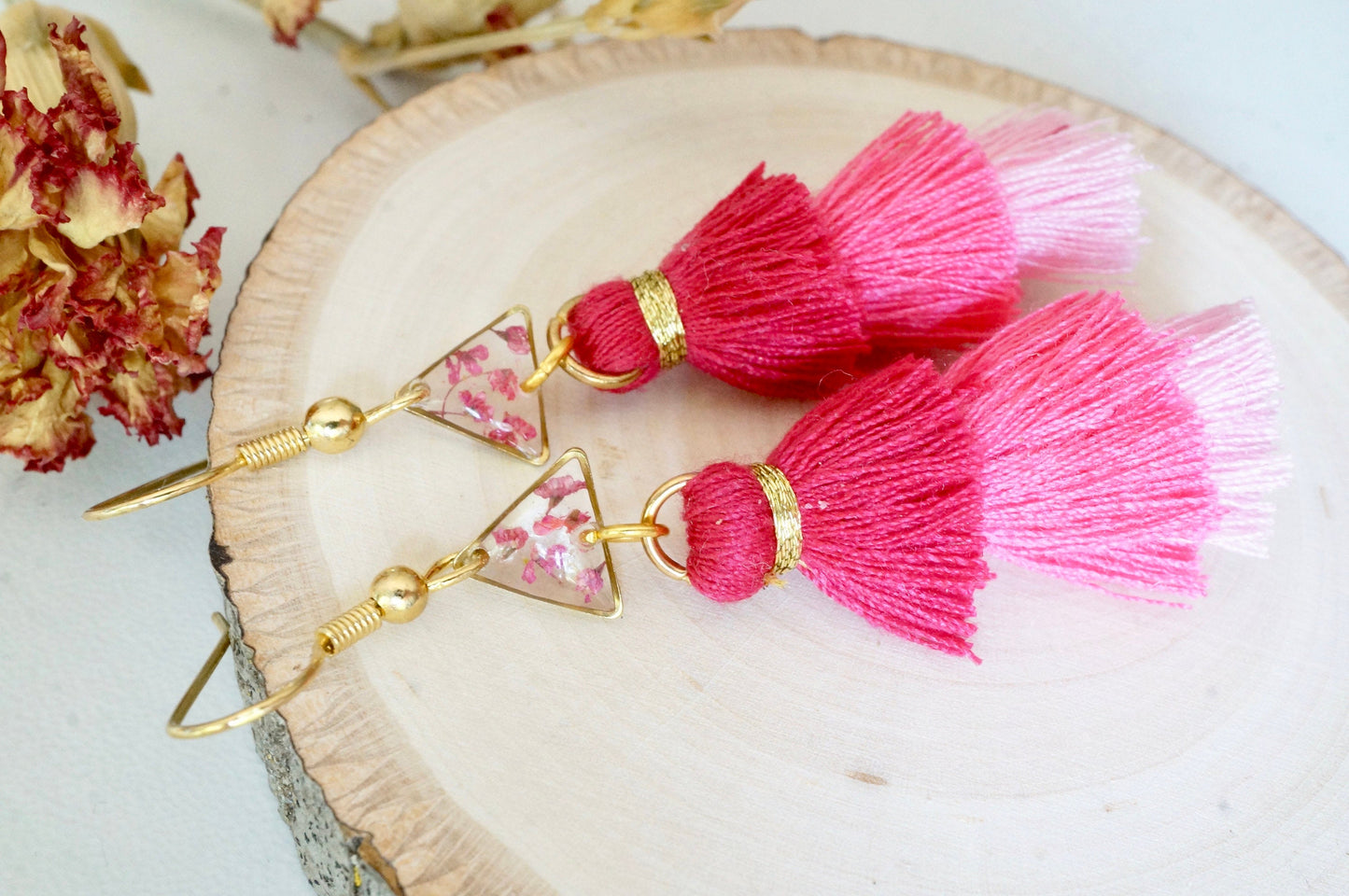 Real Pressed Flowers and Resin Dangle Earrings, Gold and Pink Tassels with Pink Flowers
