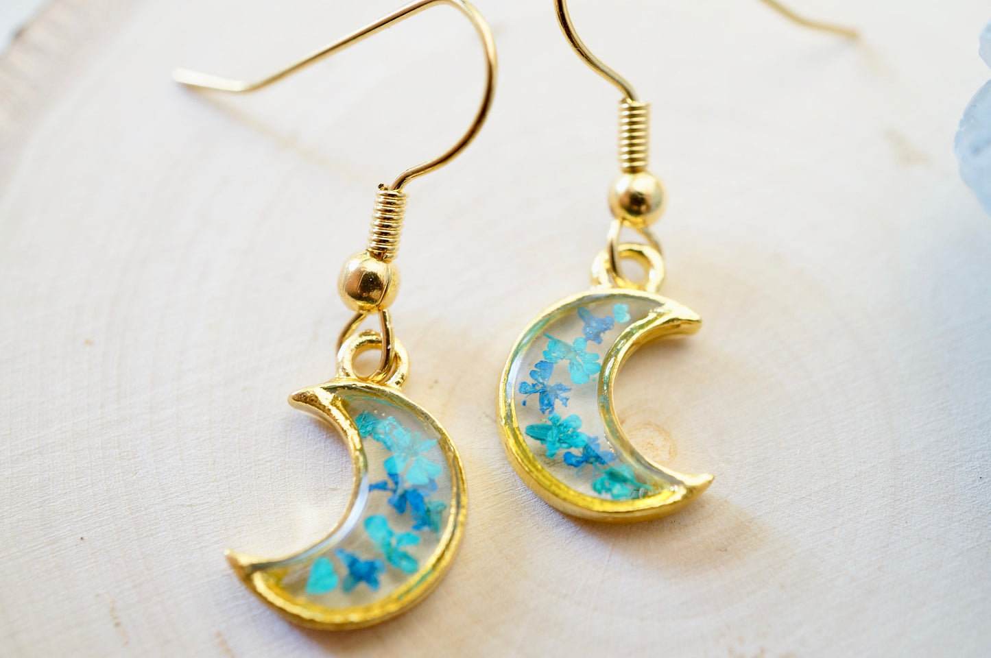 Real Pressed Flowers and Resin Drop Earrings, Gold Moons in Teal and Blue