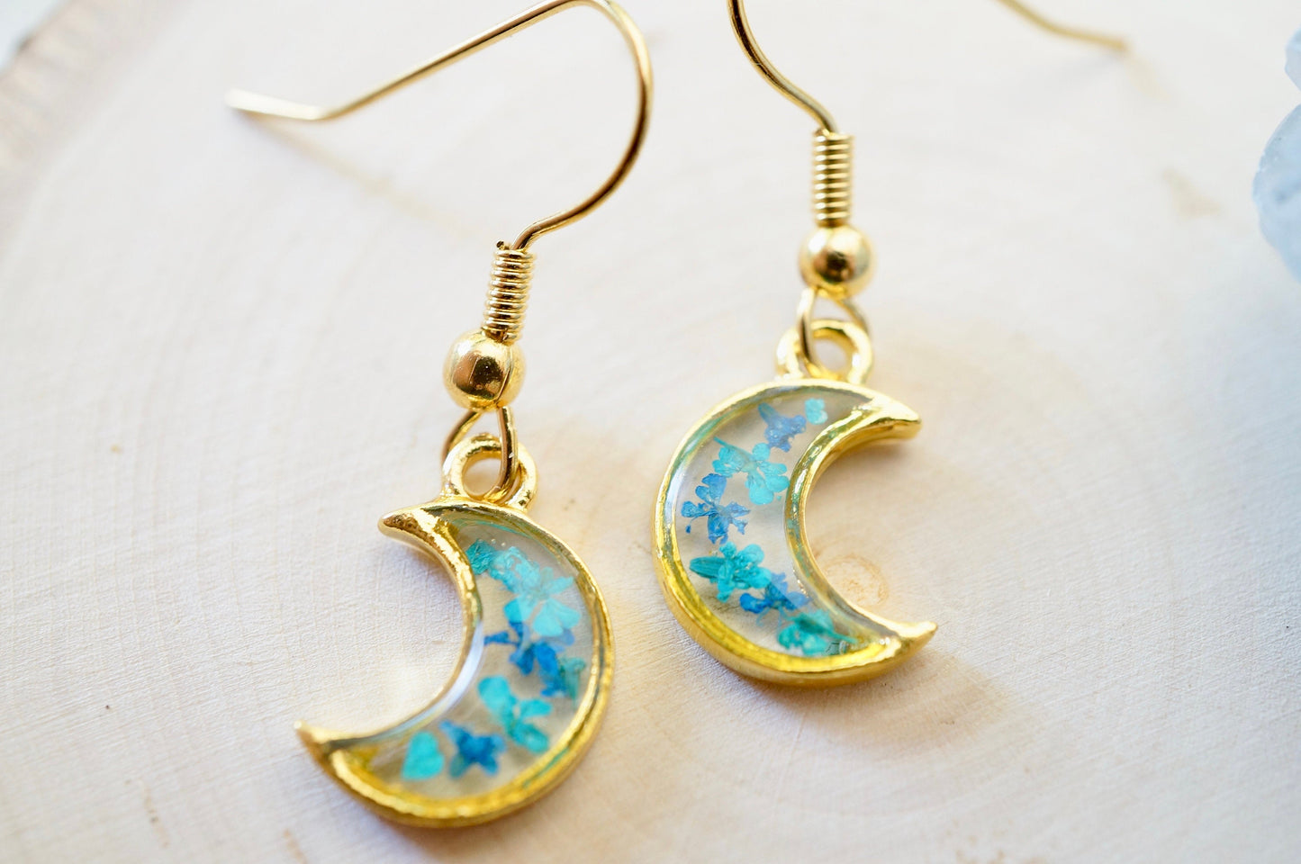 Real Pressed Flowers and Resin Drop Earrings, Gold Moons in Teal and Blue